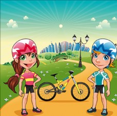 自行车运动卡通自行车男女运动员