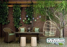 景观设计植物墙藤制餐桌椅秋千椅