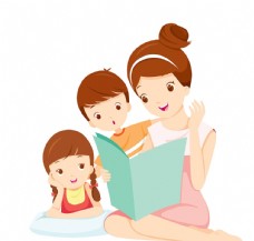 儿童陪孩子看书的妈妈卡通人物矢量