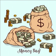 会议手绘装美元和硬币的袋子