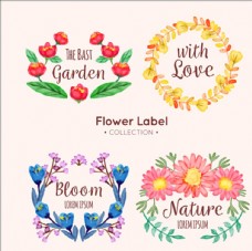 春天海报水彩风格的四种花卉标签