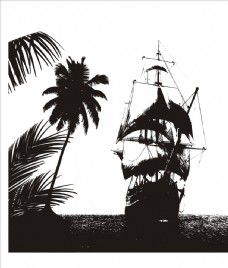 潮流服装印花海盗船矢量图下载椰子树剪影