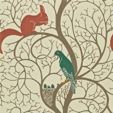 绿树米色树干上的绿色小鸟红色松鼠壁纸
