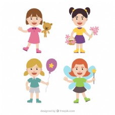 一群快乐的女孩带着玩具