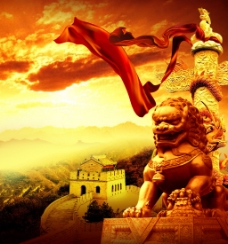 中国长城中国文化石狮子长城黄色背景psd素材