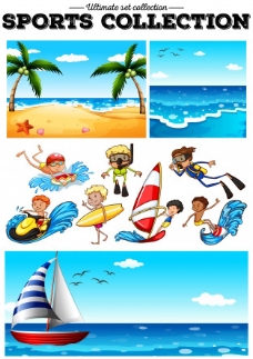度假人在做水上运动沙滩场景的插图