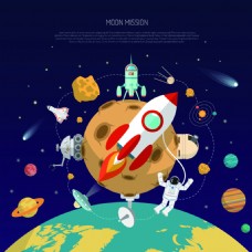 火箭创意海报太阳系星球矢量