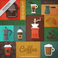 丰富多彩的背景与不同类型的咖啡和咖啡机