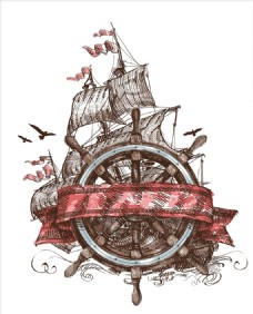 潮流服装印花手绘船只船舵矢量图
