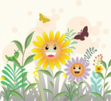 春天风景春天的花朵的背景色彩风格的卡通饰品免费矢量