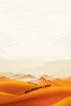 人群人骑着骆驼成群结队行走在沙漠中