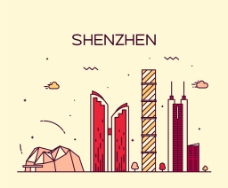 中国深圳卡通复古城市景点矢量素材背景