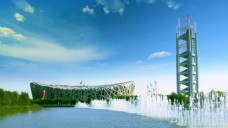 视频模板北京建筑鸟巢旁边的大喷泉1秒简短高清