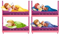 四个孩子睡在床的插图