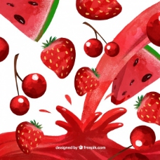 健康饮食果汁背景与西瓜樱桃和草莓水彩画风格