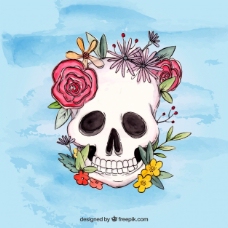 水彩画的头骨背景与花卉