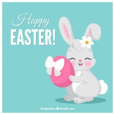 平面设计蓝色复活节背景与兔子拥抱鸡蛋