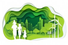 树木绿色生态城市和家庭剪影矢量