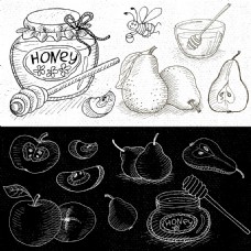 黑板手绘蜂蜜梨调料烹饪饮食矢量合集