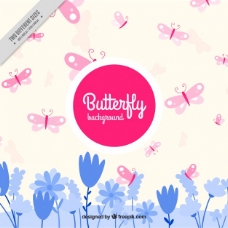 多彩的背景粉红色蝴蝶和蓝色植物的可爱背景