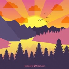 日落时分的森林背景和山脉