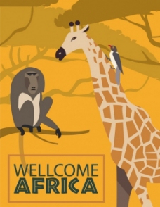 黄色背景长颈鹿和猴子背景图