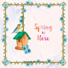 春天背景与花卉框架和鸟与木屋