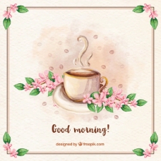 咖啡和鲜花的早晨背景
