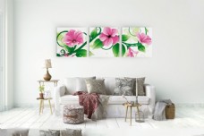 客厅无框画粉红色花朵与绿叶等无框画高清图片