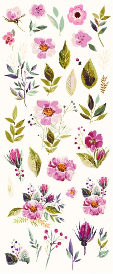 春天海报粉色花朵水彩绿叶卡通矢量素材