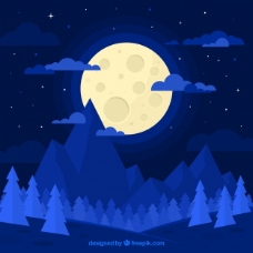 蓝色的景观背景与月亮在平面设计