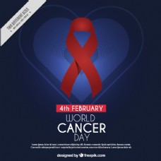深蓝色背景，心脏和红丝带为世界癌症日