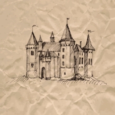 城堡褶皱纸张手绘速写欧洲建筑矢量