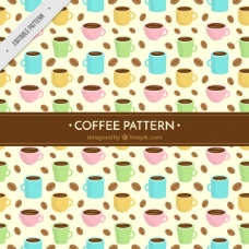 咖啡杯咖啡豆和不同颜色的杯子的平面图案