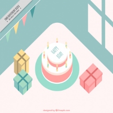 生日蛋糕背景和礼物的等距样式
