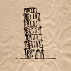 斜塔褶皱纸张手绘速写欧洲建筑矢量