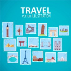 世界建筑16张世界旅行地标建筑邮票矢量素材