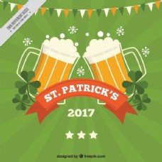 特色绿色圣帕特里克日的背景啤酒和花环