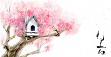 春季背景树叶手绘房子背景