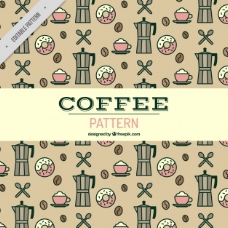 咖啡杯有油炸圈饼和咖啡机的平面图案