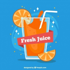 健康饮食蓝色背景与橙汁在平面设计