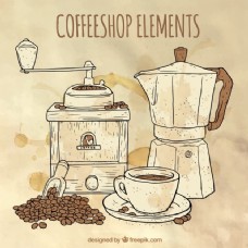 咖啡杯水彩背景与咖啡机和咖啡研磨机草图