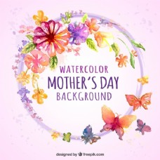 水彩背景与母亲节的花和蝴蝶