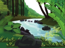 绿树森林小河流水卡通