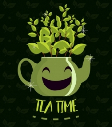 绿色叶子新鲜茶叶茶壶矢量图