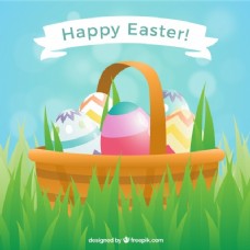 放假在草地上放复活节彩蛋的篮子背景