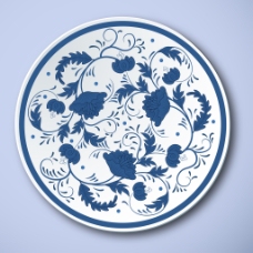蓝色花中式青花瓷牡丹花纹盘子