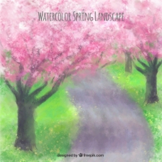 水彩画与樱桃树春天景观