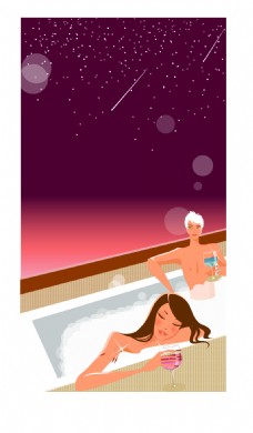 情侣洗浴卡通人物插画