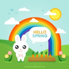 春季背景与兔子和彩虹在平面设计